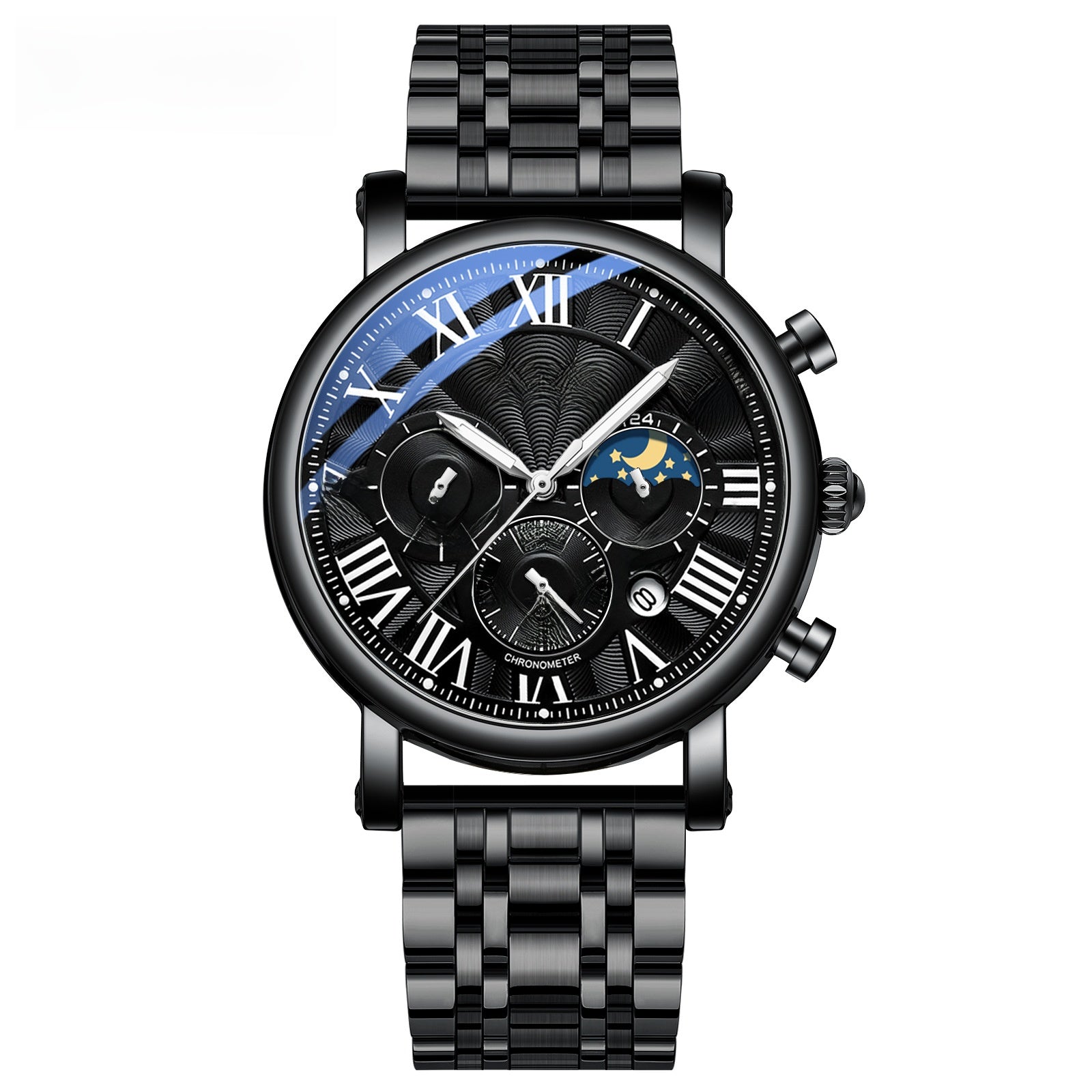 Roman Numeral Moon-Phase Watch – Men – Gunmetal · Black Dial · Steel Bracelet – front